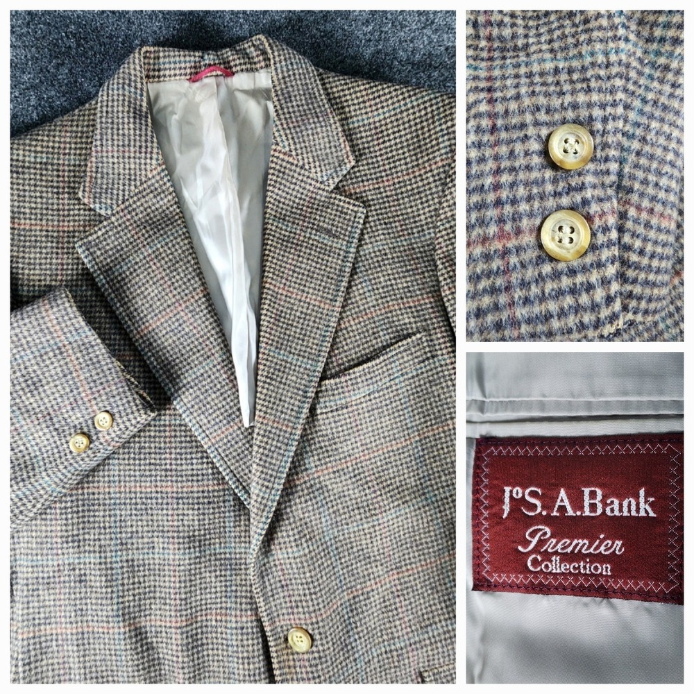 Jos A Bank Premier Collection Mens Houndstooth Plaid Wool Tweed Blazer Brown 44R